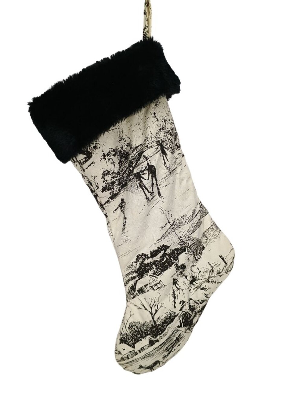 Black Faux Fur Cuffed Christmas Stocking‎ With Winter Village Toile Print